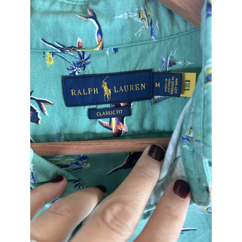 Ralph Lauren Mens M Green Classic Cotton Nautical Fish Graphic Button-Down Shirt - Picture 2 of 6